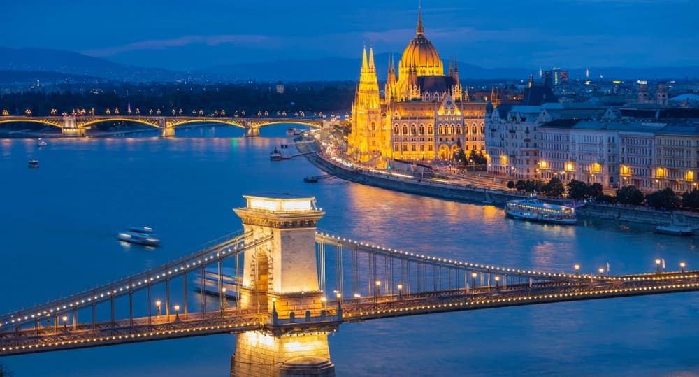A panoramic view of the illuminated Chain Bridge and Hungarian Parliament Building